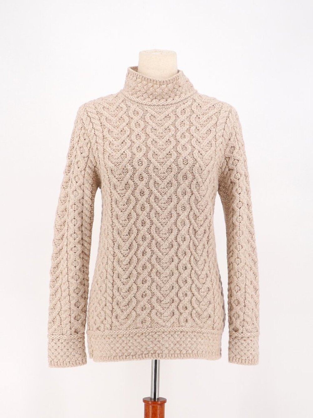 ARAN MOR Women's Merino Wool Cable Knit Fisherman Mockneck Sweater Tan Beige S